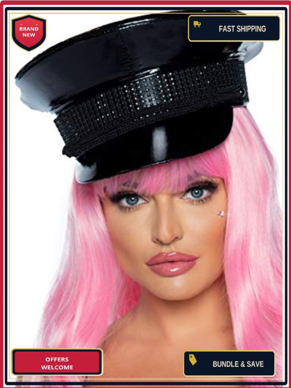 Rhinestone Trimmed Military Hat Wet Look Vinyl Cap